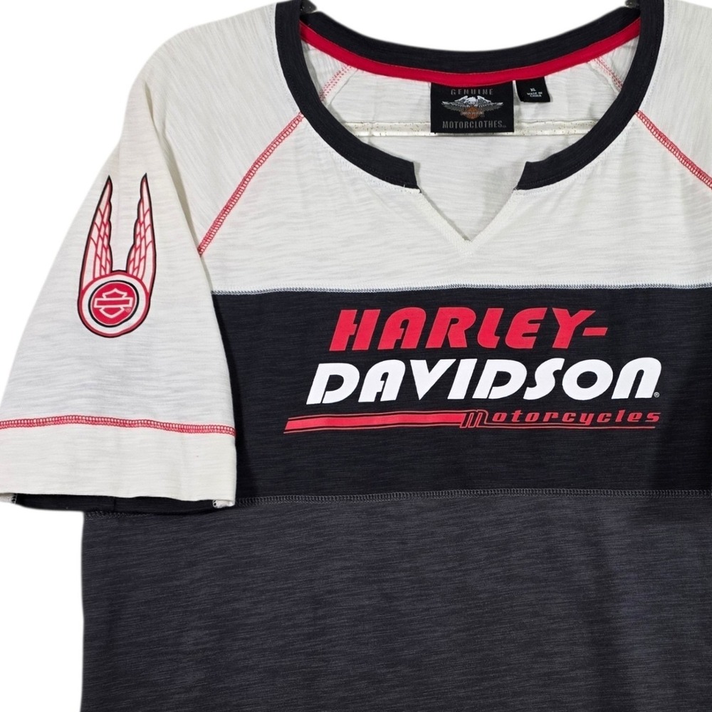 Harley Davidson Shirt‎ XL Womens Colorblock Notch V Neck Raglan Sleeve Logo Top